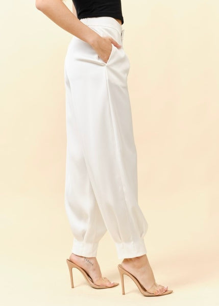 Fancy Pants Ivory Satin Tapered Trouser Pants