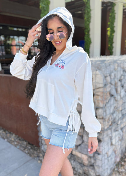"USA 1776" Side Tie White Oversized Hoodie