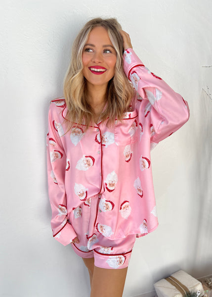 Santa Face Printed Satin Pink Pajama Set