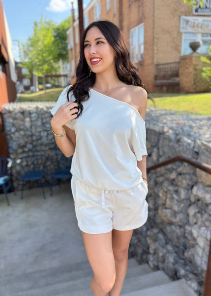 As You Are White French Terry Off Shoulder Top