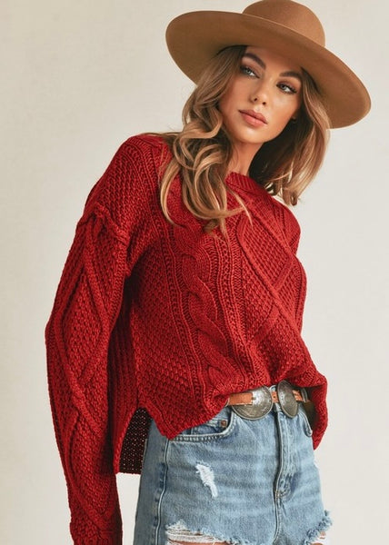 Burgundy Bliss Cable Knit Sweater