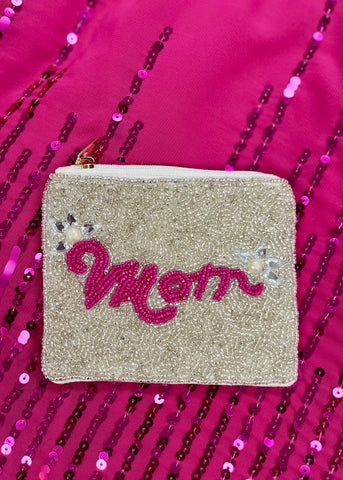 "Mom" Small Beaded Zipper Pouch