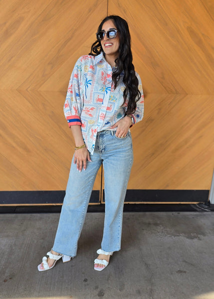 At The Beach Print Button Up Top