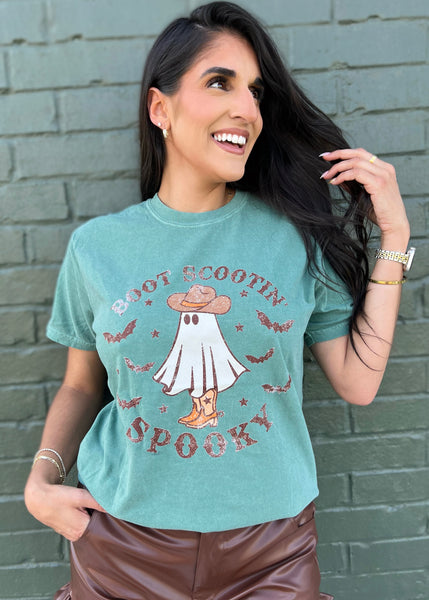 Boot Scooting Spooky Retro Ghost Tee - Lt. Green