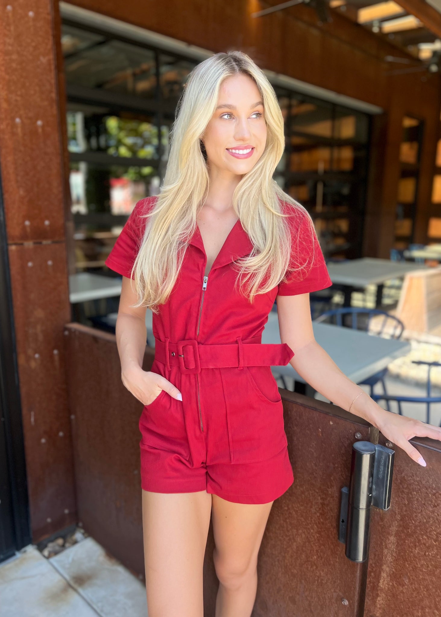 A Lesson Learned Red Denim Romper