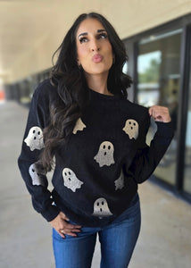 Hey Boo Halloween Ghost Corded Black Sweatshirt