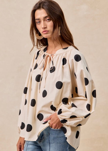 Exaggerated Polka Dot Balloon Sleeve Top