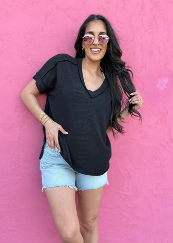 Here For It Black Corded Ribbed Short Sleeve Top - L/XL
