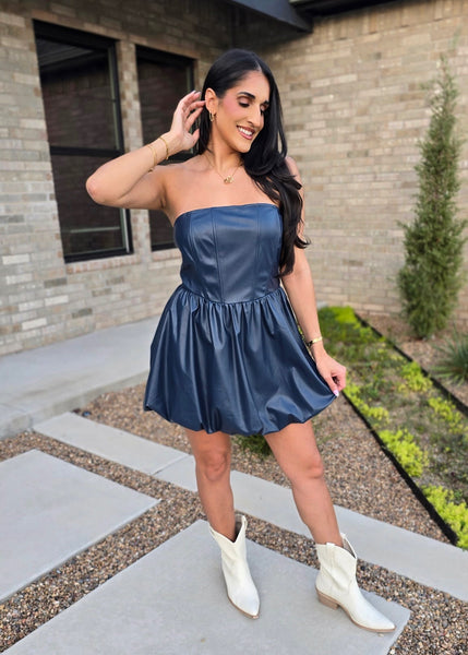 Navy Faux Leather Strapless Dress