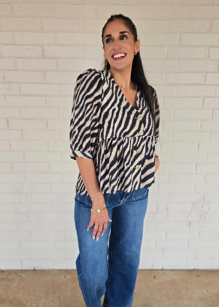 Admire The Beauty Gold Button Tiger Print Top