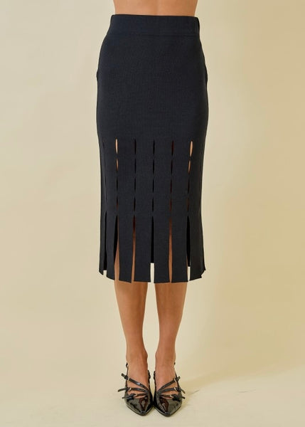 Just One Look Black Fringe Midi Skirt