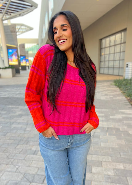 A Cozy Place Fuchsia/Orange Striped Sweater - XL