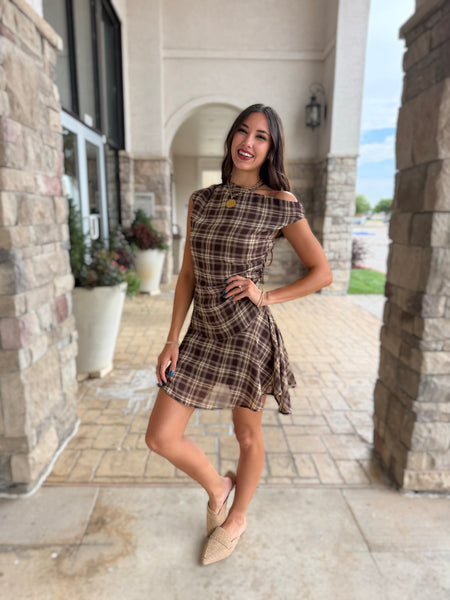 Walk Of Life Brown Plaid One Shoulder Mini Dress