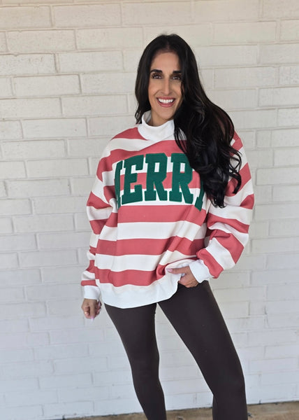 Red Striped "Merry" Mock Neck Sweatshirt