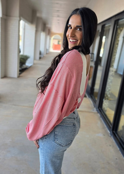 Just Wait For It Red & White Striped Knit Sweatshirt Top