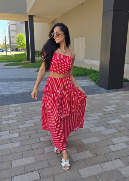 Rendezvous Red & White Polka 2 Pc Top & Midi Skirt Set