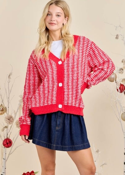 Make A Plan Red & White Fuzzy Cardigan