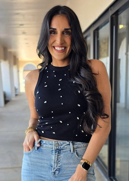 A Little Extra Jeweled Black Tank Top - M/L