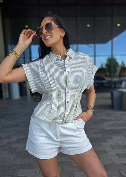 All In One Striped Button Up Top