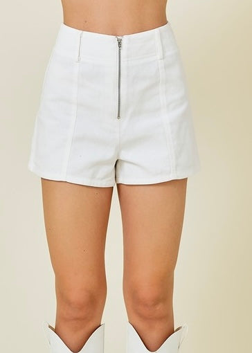 Let's Go Front Zip White Denim Shorts