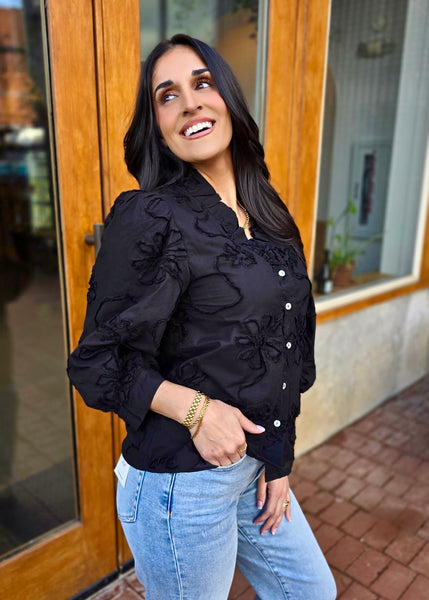 Beauty Mark Black Patterned Button Up Top