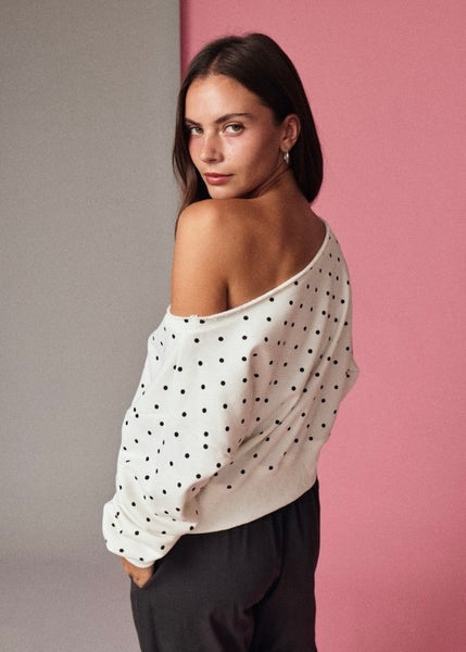 From The Past White & Taupe Polka Dot Off The Shoulder Sweatshirt Top