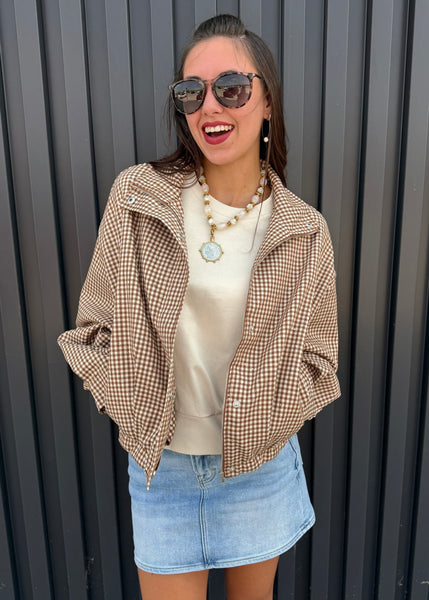 Checked In Long Sleeve Camel Checked Bomber Jacket