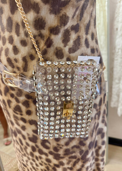 Clear Rhinestone Belt Bag With Chain