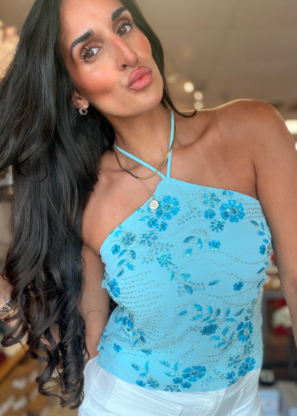By The Beach Blue Beaded Halter Top