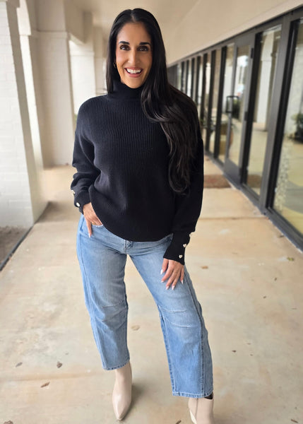 Plan For It Black Turtleneck Pearl Button Sweater