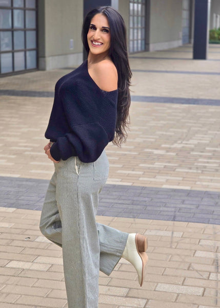 Fireside Casual Off The Shoulder Black Waffle Knit Top