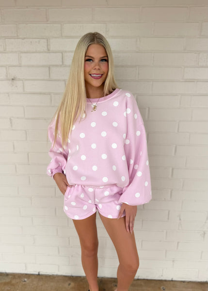 Treat Yourself Pink & White Polka Dot Sweatshirt & Short Set