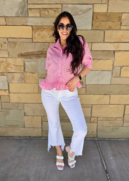 Reaching Out Pink Striped Button Up Top