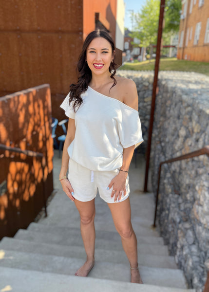 As You Are White French Terry Off Shoulder Top