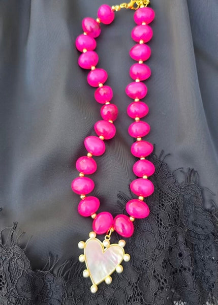 Pink Beaded Heart Charm Necklace