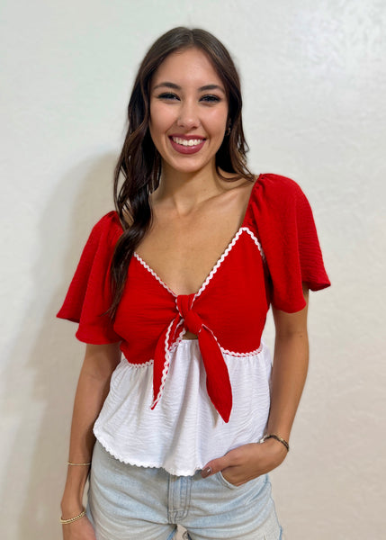 Cheering Squad Red/White Front Tie Top