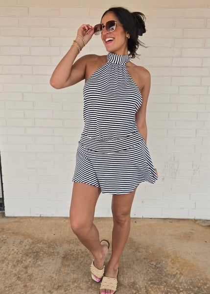 You Got Me Navy Striped Backless Halter Mini Dress-Romper