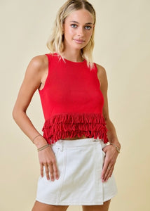 Fringe Fanatic Red Sleeveless Knit Top With Fringe Hem