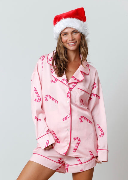 Candy Cane Pattern Satin Pink Pajama Set