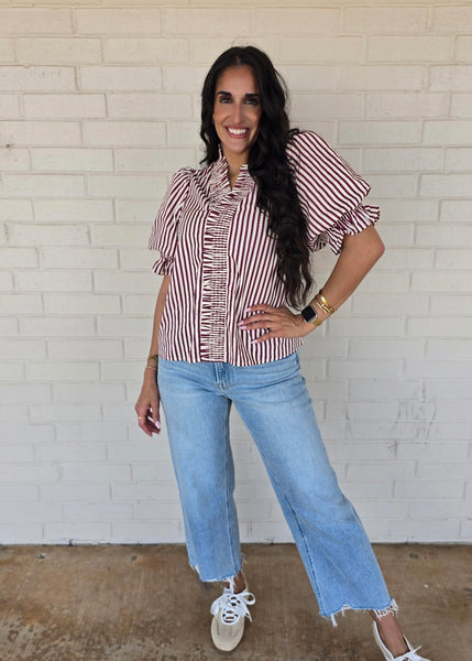 Get In Line Burgundy & White Striped Top