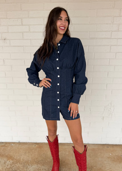 Plan For It Dark Denim Mini Shirt Dress