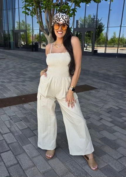 Sunday Stroll Taupe Spaghetti Strap Jumpsuit