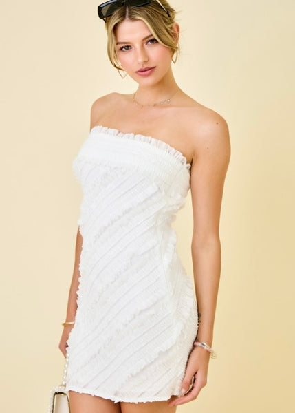 One Love White Strapless Ruffle Bodycon Mini Dres
