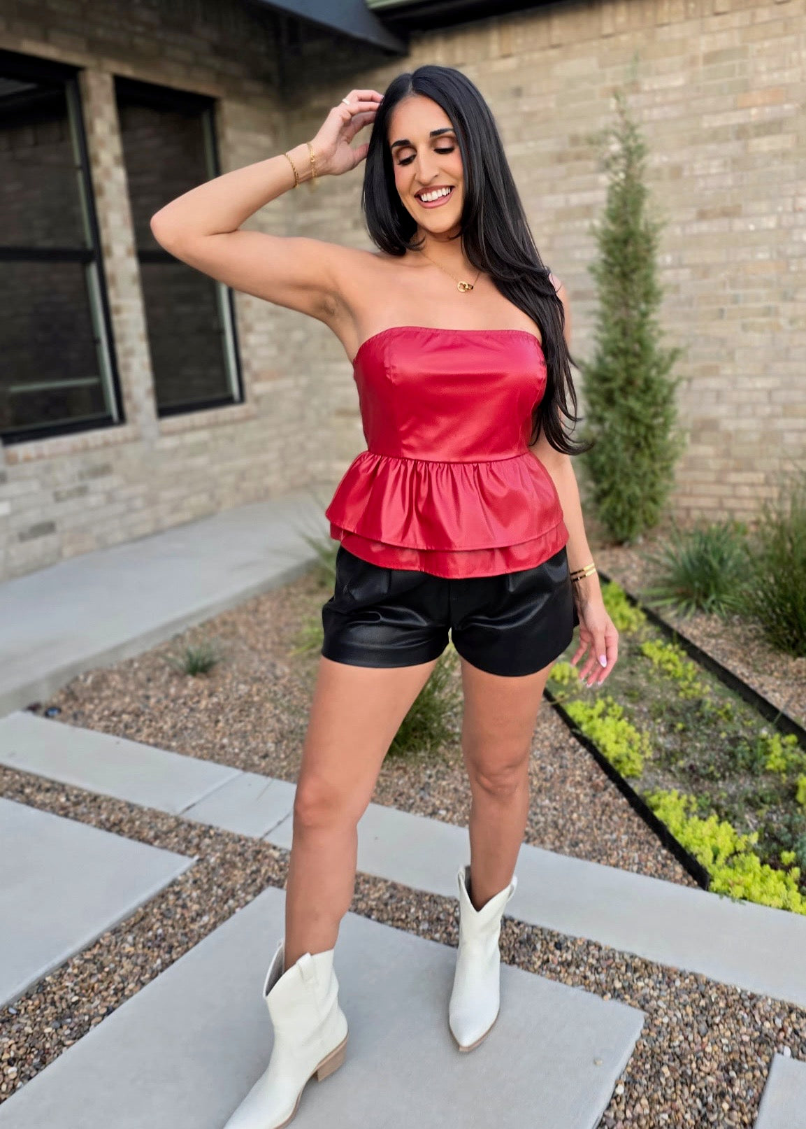 Dinner Date Red Faux Leather Strapless Peplum Top MEDIUM Dinner Date Red Faux Leather Strapless Peplum Top MEDIUM