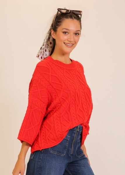 Joyful Day Red Cable Knit Sweater