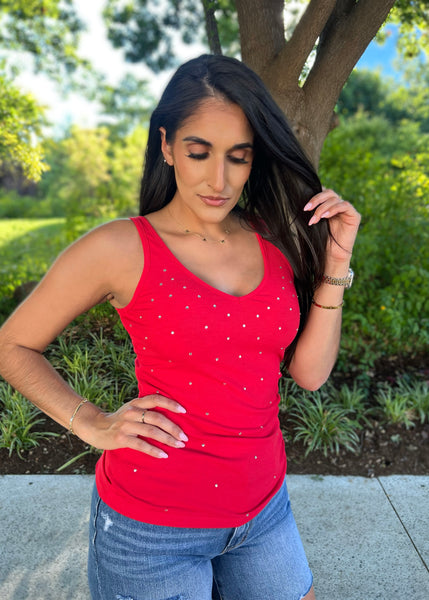 Stand By Me Red Rhinestoned Ribbed Tank