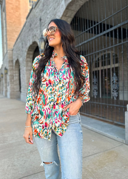 Fool For Love Abstract Print Button Down Shirt- Teal Multi