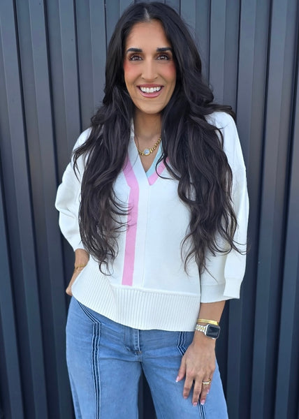 Dream Lover Striped V Neckline White Spring Sweater