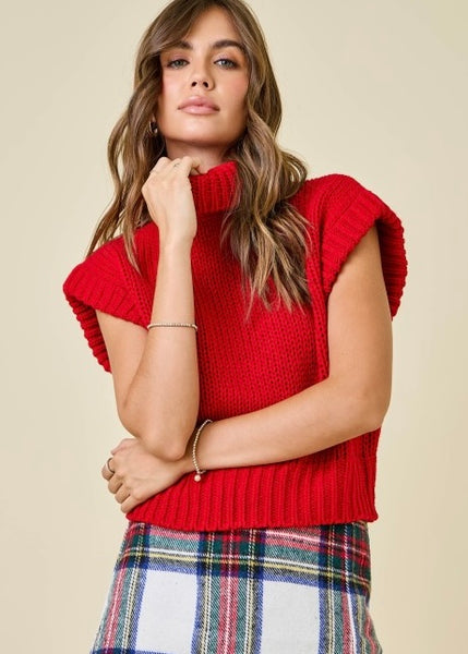 On The Rise Red Sleeveless Turtleneck Knit Sweater