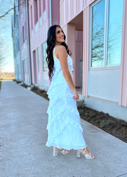 Falling For You White Tiered Ruffled Maxi Dress
